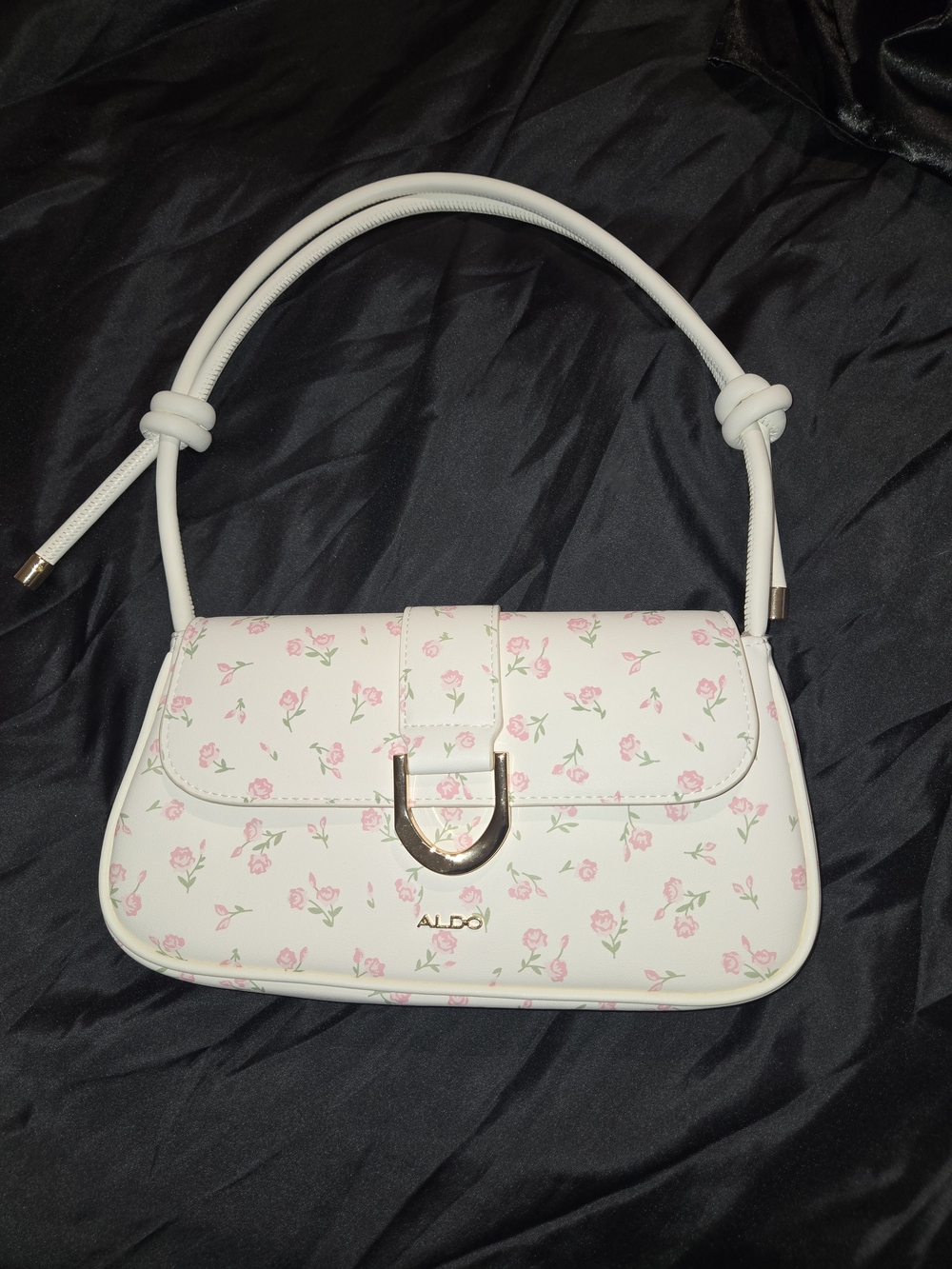 ALDO White Shoulder Bag with Pink Rose Print and Gold Hardware